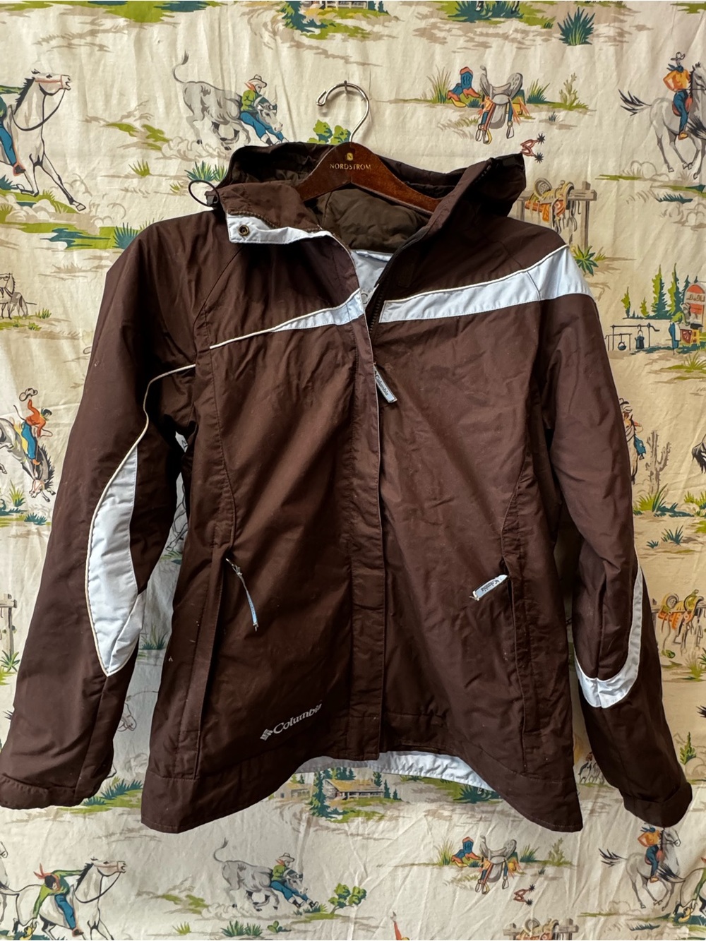 Columbia Women's Brown and Blue Hooded Jacket size small
